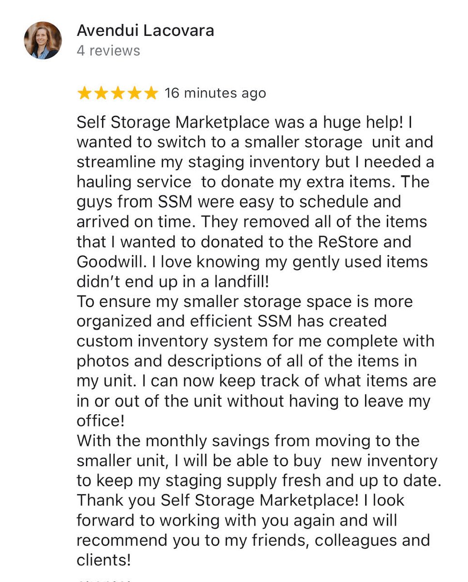 selfstoragemp's tweet photo. Every journey begins with the first step. 
So grateful for our first Review - 5 stars! 
How can we help you with your storage problems?
Please share our mission. We're here to serve.
#selfstorage #inventory #trash #sell #donate #storeresponsibly https://t.co/BR6Ed7v0h9