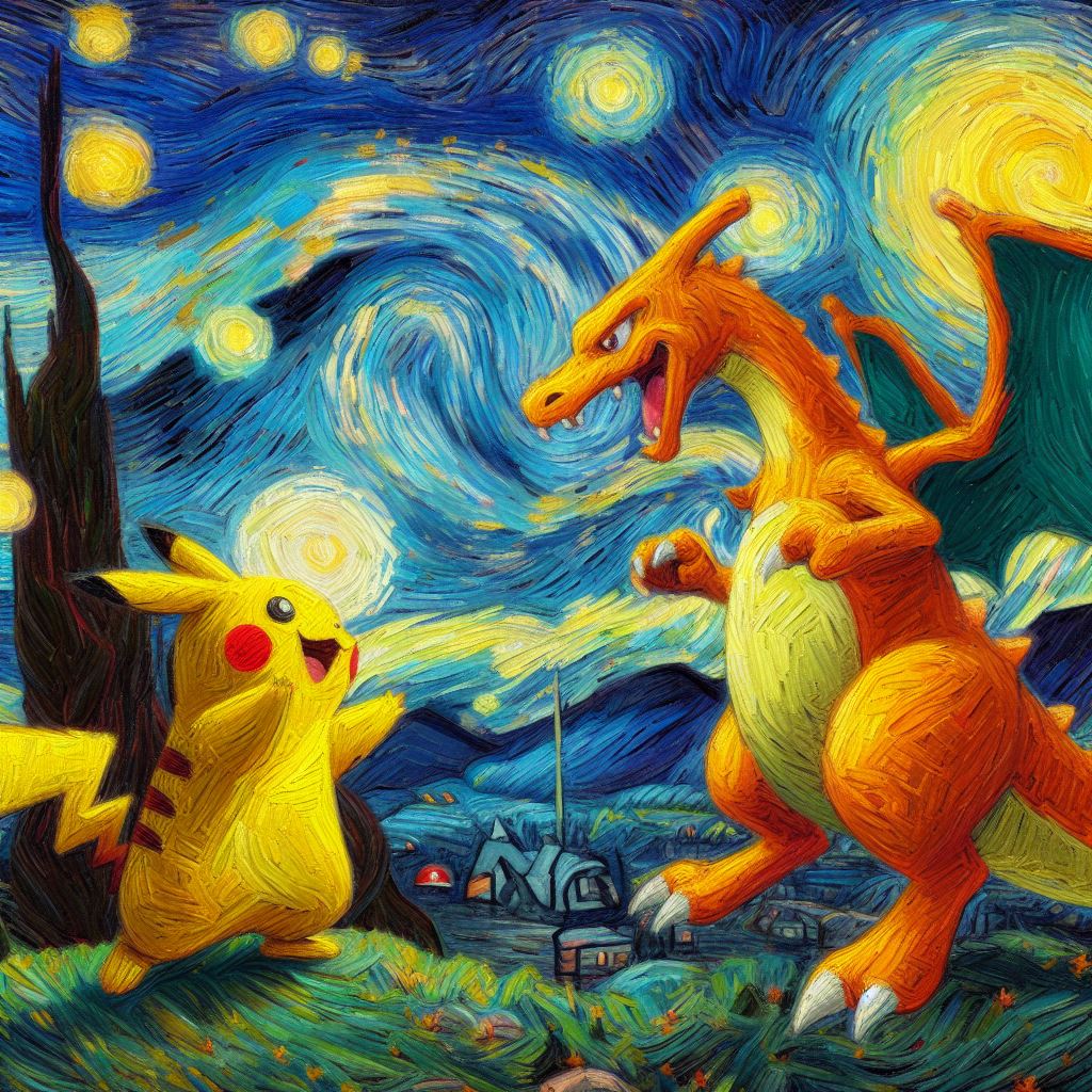 MarvelsOfAi's tweet photo. Pikachu and Charizard excited for a fight, in the style of a Van Gogh Painting #Pokemon https://t.co/qHHvstJ5V4