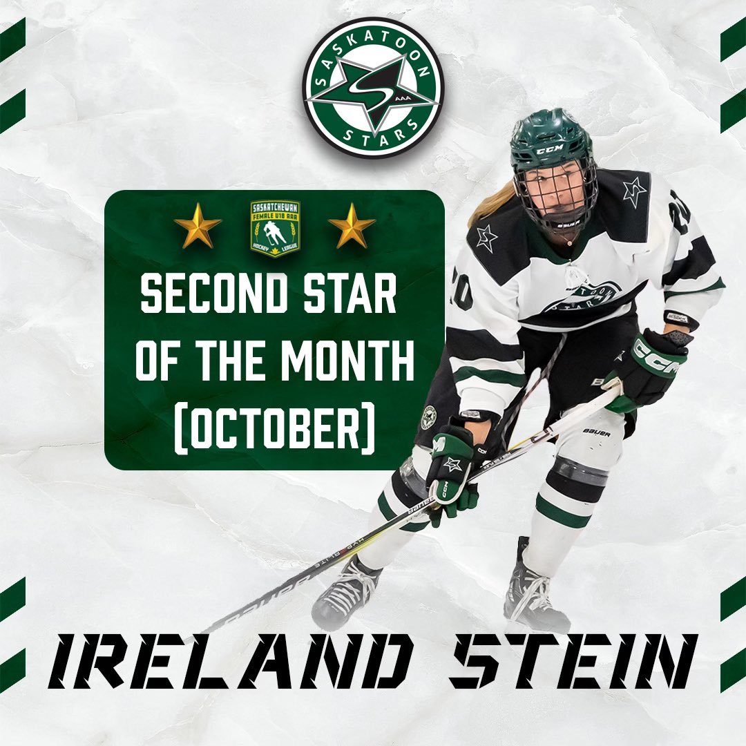 StoonStarsAAA's tweet photo. Congratulations to Ireland Stein on being named the SFU18AAAHL 2nd Star for the month of October. 

Ireland finished October tied for the most-goals scored in the league with 9.  Of the Stars 6 wins so far this season, Ireland has scored the game winning goal in four. https://t.co/lySZ1NizlR