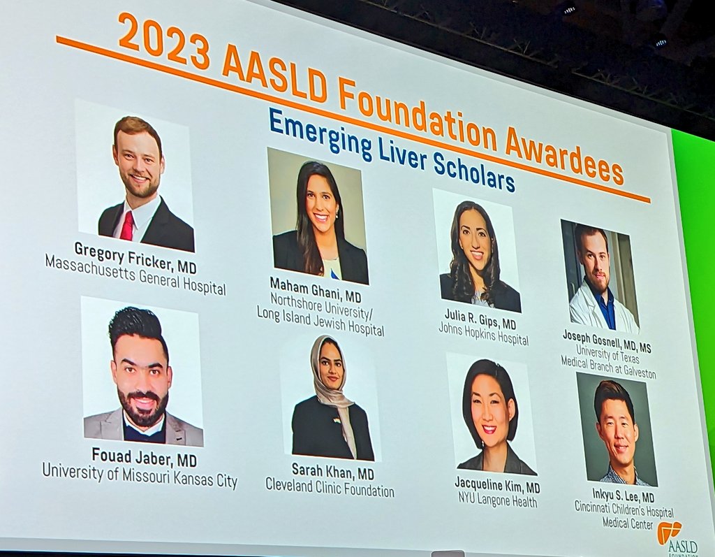 Stevenson Lab Group making an appearance in the @AASLDFoundation slide show for Awards & Honors Ceremony at #TLM23 @JGosnell2 @DrHSLovesLiver @OmarSaldar. Congratulations 🎉 team!!