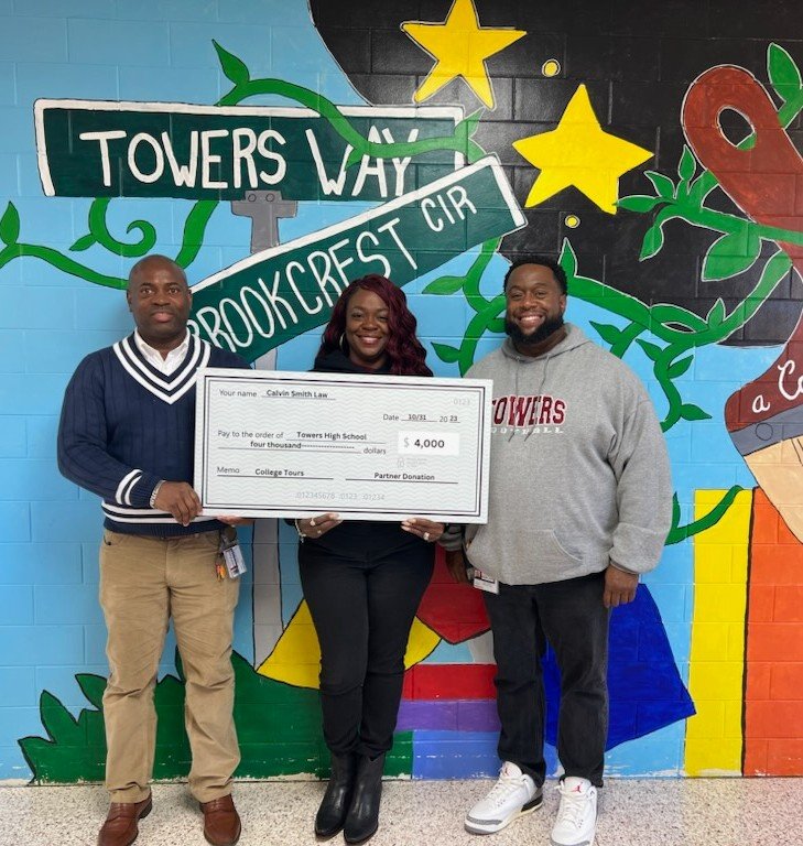 TowersHS's tweet photo. Thanks to our Educator of the Month, Mr. Aubrey Mitchell, for securing a $4,000 donation for our Towers College Tours from the Law Offices of Calvin Smith!  @DrTWeaver @DeKalbSchools @DacostaDekalb @principal_costa @CHSEaglesDekalb @cosde https://t.co/Pvdk1IwlmO