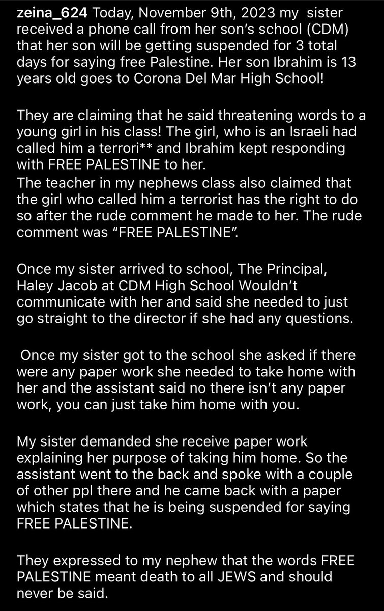 readbyuna's tweet photo. 13 yr old kid suspended for 3 days after saying FREE PALESTINE in response to a the kid who called him a terrorist and being harassed by israeli students… fuck this world we’re living in https://t.co/op3pRlXYdP