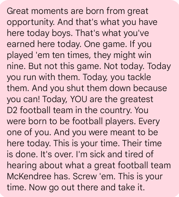 Good luck tomorrow <a href="/JewellFootball/">William Jewell Football</a> 
Pain heals, chicks dig scars, glory lasts forever

<a href="/JustinEndicott_/">Justin Endicott</a> <a href="/GaglianoNash/">Nash Gagliano</a> <a href="/CalebCortez10/">Caleb Cortez</a> <a href="/BarnhouseZach/">zach barnhouse</a>