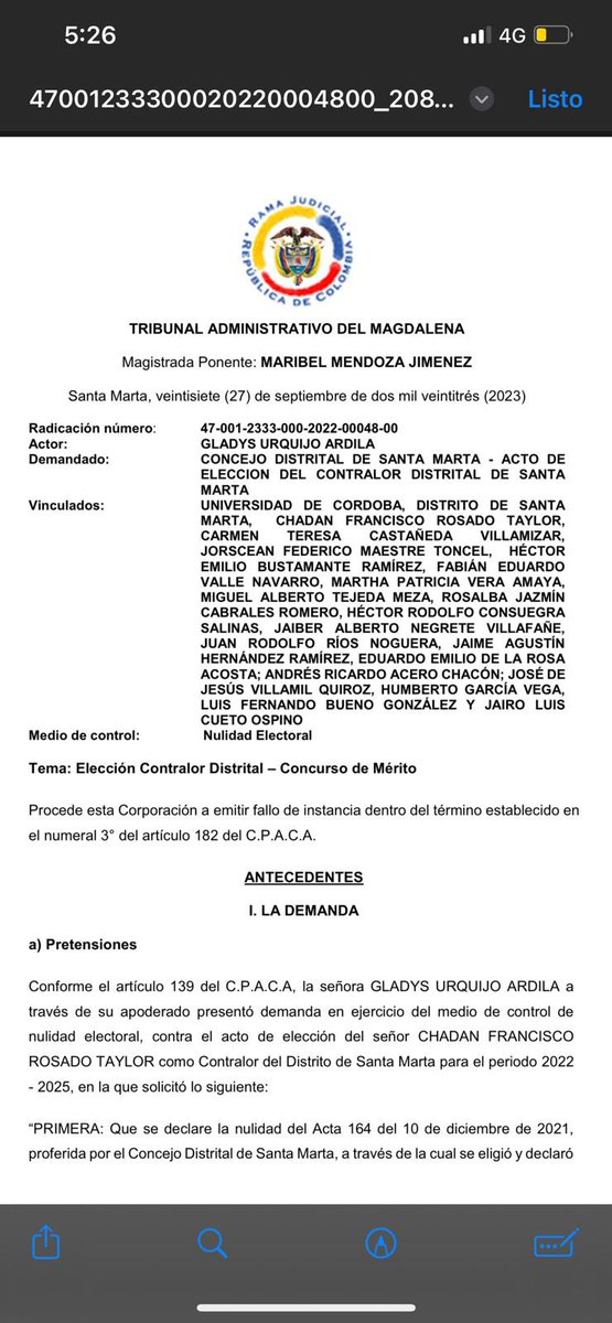 contraloria_sm's tweet photo. El Dr CHADAN ROSADO TAYLOR en su calidad de CONTRALOR Distrital de Santa Marta fue notificado el día de hoy de la providencia emanada por el Tribunal Administrativo Del Magdalena en el que se niega la demanda de nulidad contra su elección de mérito para el periodo 2022-2025 https://t.co/y2jxs9HUJQ