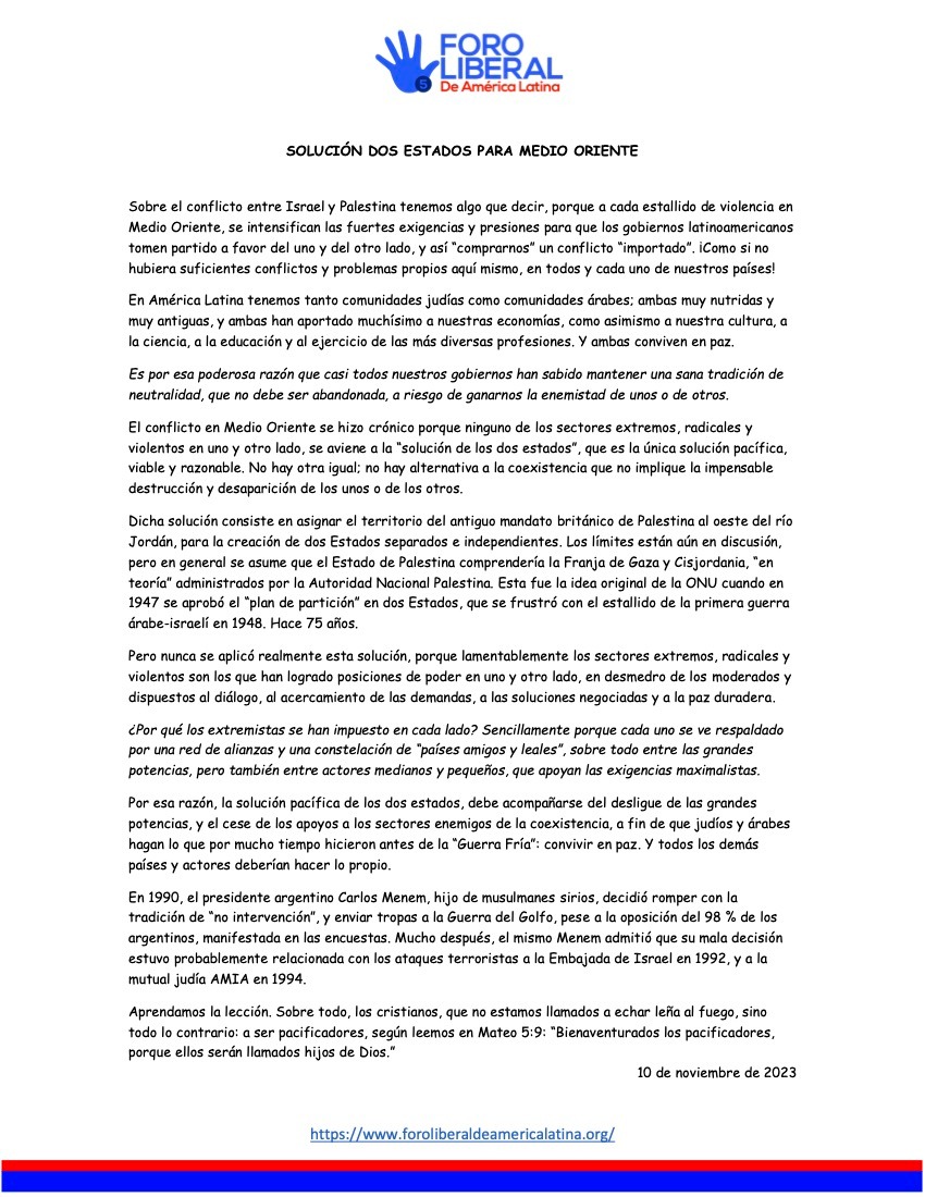 ForoLiberalAmLa's tweet photo. https://t.co/G7BLPmUwMW

Sobre el conflicto entre Israel y Palestina tenemos algo que decir.

Compartimos nuestro comunicado 05-2023.

 #Israel #Palestina #MedioOriente #ForoLiberal #Latam https://t.co/2gG0PXeP0C