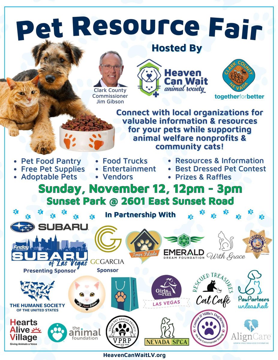 🐶 THIS SUNDAY🐱

Sadly we will not be a vendor this year but this is still an amazing <a href="/clarkcountynv/">Clark County Nevada</a> event for <a href="/heavencanwaitlv/">Heaven Can Wait Animal Society</a>! From Food Trucks to Contests to Adoptions and Vendors there is something for everyone!

📆 Date: November 12th

📍 Location: Sunse...