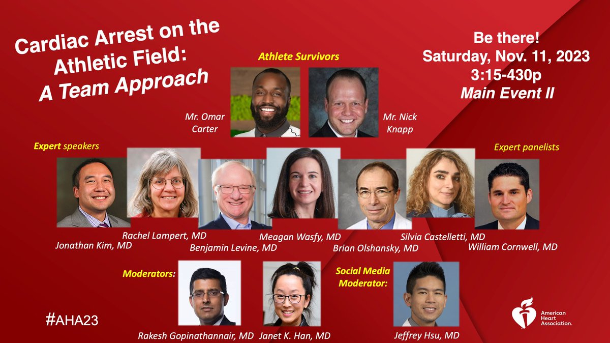 👊🏼👊🏼 #Epeeps & #SportsCardio unite for a featured session!

“Cardiac Arrest in the #Athletic Field: A Team Approach”

Hear from 
♥️ Athlete survivors @Omarcarter21 & Nick Knapp
⭐️All-star cast of experts

& get your learn on! 

Saturday 11/11/2023, 315pm, Main Event II #AHA23
