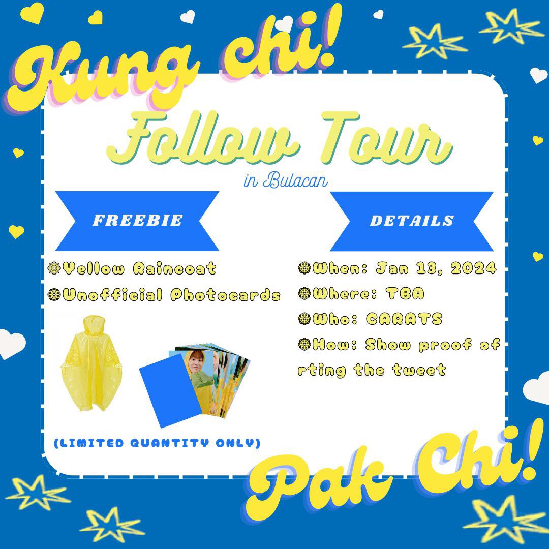 FILO CARATS! 💎

Let's be "Raindrop-On-Me" ready on January 13, 2024 as we give away free raincoats!

- Retweet this.
- Limited slots only. 
- Donations are also accepted to provide more.

Exact location will be posted on d-day. 

See you on Follow Tour! 💛💙