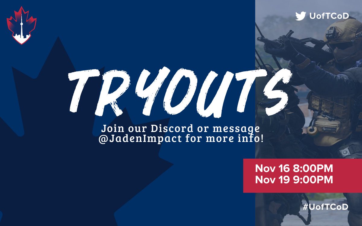 🚨TRYOUT ALERT🚨
To celebrate the release of MW3, we are happy to announce UofT CoD is back for the MW3 season. 
We will be hosting tryouts in the coming week. Join our Discord (link in bio) or message <a href="/JadenImpact/">Impact</a> for more info! Hope to see you there!