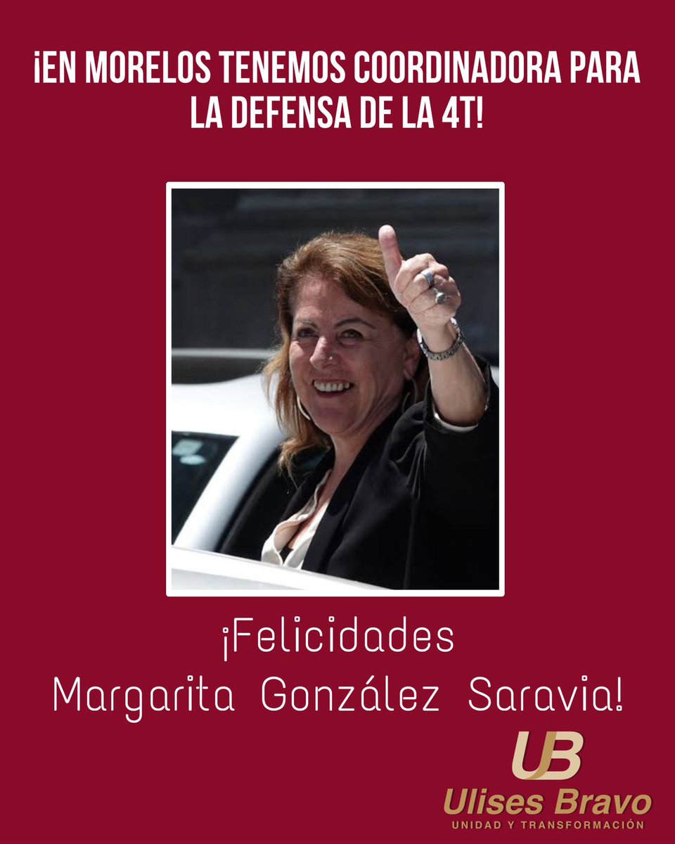 En Morelos tenemos coordinadora en defensa de la 4T y se llama <a href="/margarita_gs/">Margarita González Saravia</a>

Mi felicitación y reconocimiento a todos mis compañeros que aplicaron para la encuesta, sobre todo su lealtad al movimiento. 

Vamos todas y todos juntos en UNIDAD por Morelos. <a href="/PartidoMorenaMx/">Morena</a>