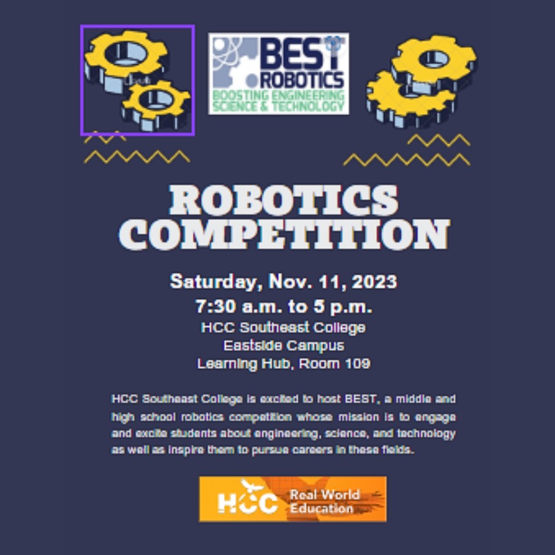 hccsecollege's tweet image. BEST wishes to all of the middle- and high school students who will be competing in tomorrow's robotics contest at Eastside Campus!
#roboticscompetition #bestrobotics #HCCSoutheast