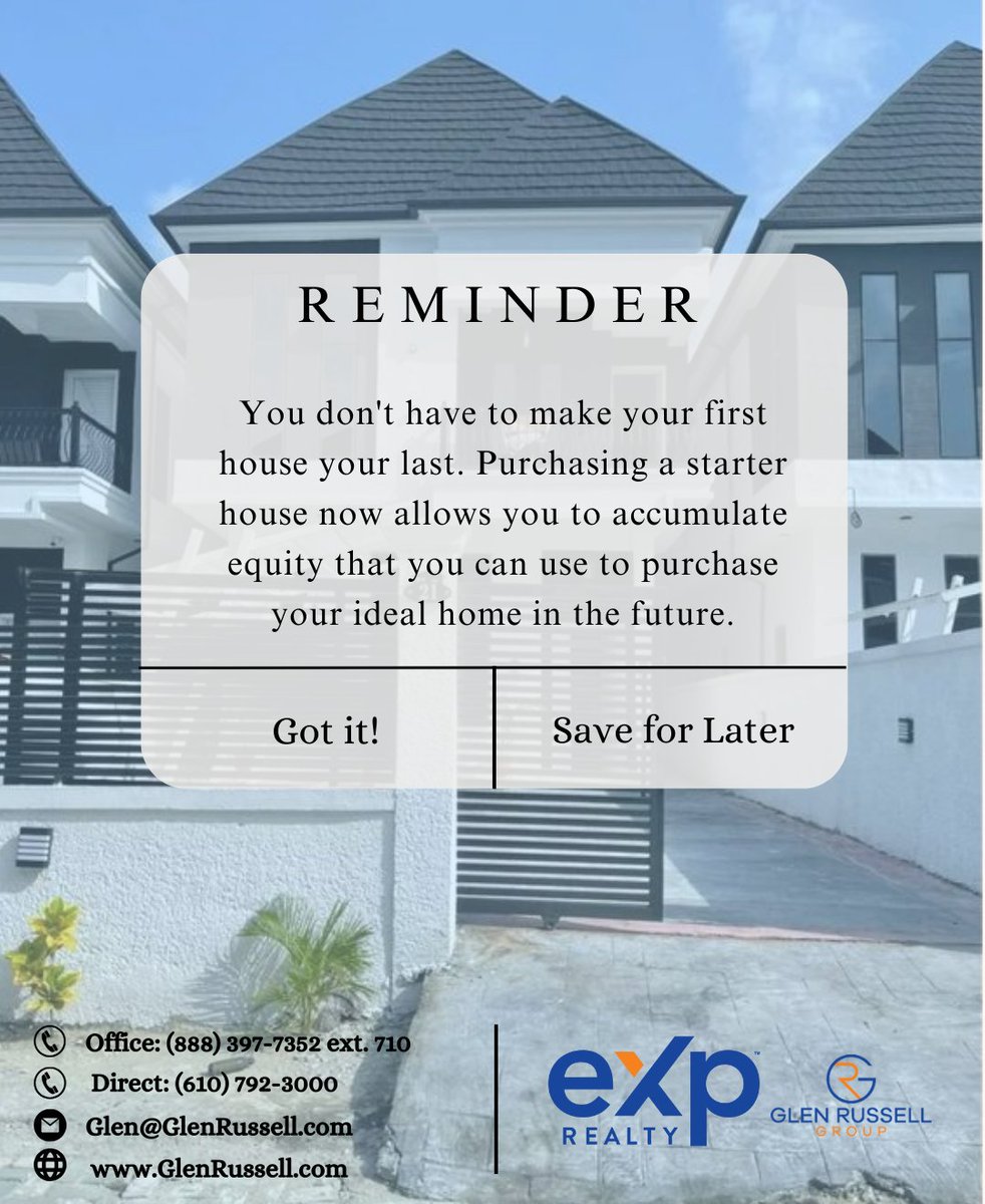 Gentle Reminder:

You don't have to make your first house your last. Purchasing a starter house now allows you to accumulate equity that you can use to purchase your ideal home in the future.
.
.
.
#buyer #seller #dreamhome #localagent #expreality #stoprenting #glenrussell