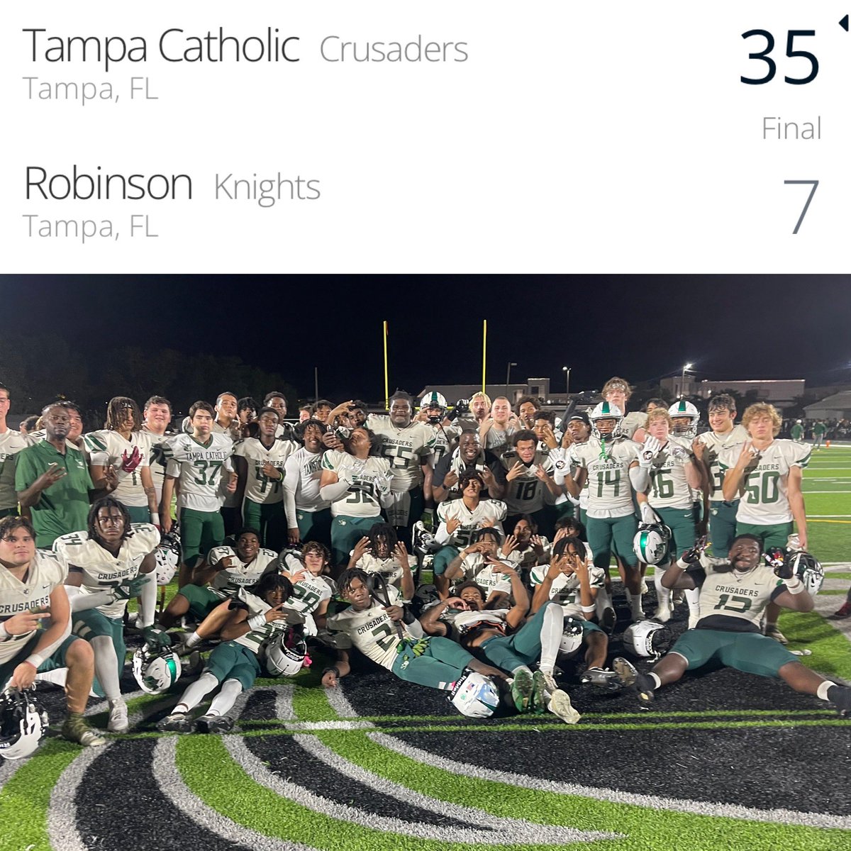 The Tampa Catholic Crusaders <a href="/TC_Football/">Tampa Catholic Football 🏈⚔️</a> ⚔️🟢⚪️ advance to Round 2 of the FHSSA Playoffs with a 35 to 7 victory over the Robinson Knights! #TampaCatholicFootball