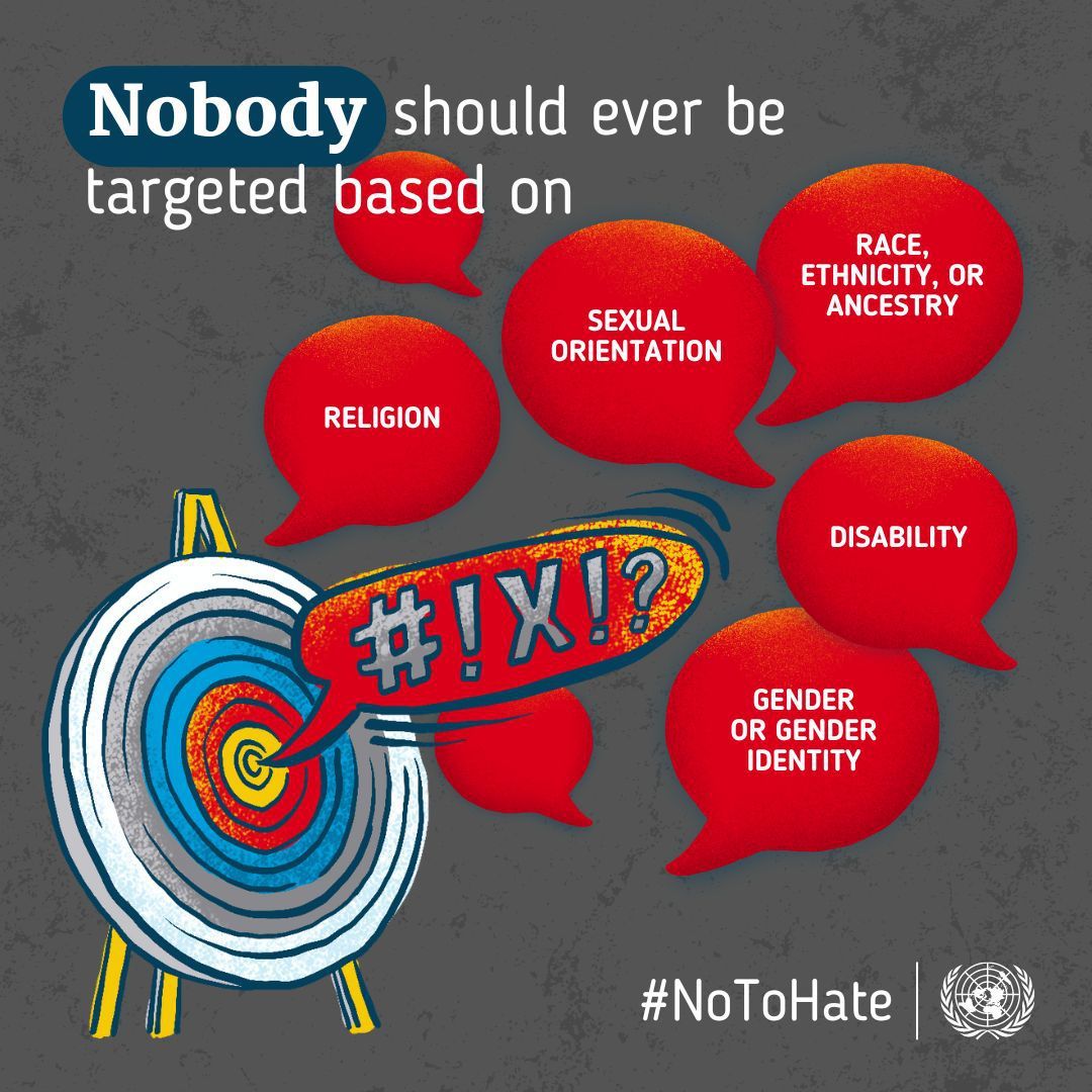 UNGeneva's tweet photo. Say #NoToHate whenever you see it!

Nobody should ever be targeted based on their religion, sexual identity, race, ethnicity or ancestry, disability, gender, or religion.

Learn more about targeted groups and what you can do to stop hate speech: https://t.co/l6rFWdKt0J https://t.co/9AFGWTPv8f