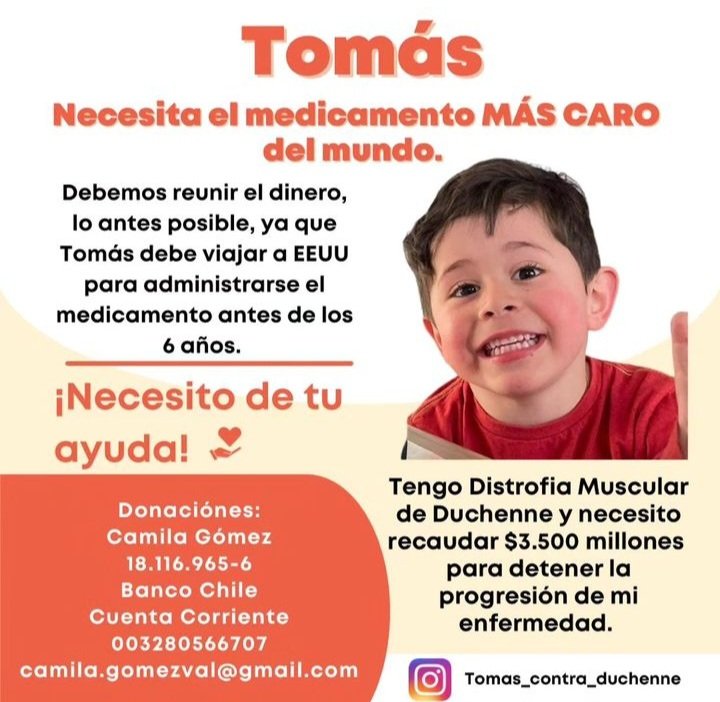 tomasxduchenne's tweet photo. Mi nombre es Tomás tengo 5 años tengo una enfermedad llamada distrofia muscular de Duchenne, está enfermedad hace que poco a poco  pierda fuerza ya que mis musculos no se regeneran con normalidad.
Necesito un medicamento que vale $3.500.000.000 que solo se administra en EEUU https://t.co/g3xiCGE5Ai