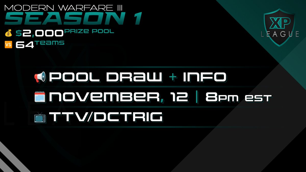 📢Group Drawing + Intro 📢

📅: 11/12
⏰: 8:00pm EST
📺: twitch.tv/dctrig

Join discord &amp; check out "Season Info" discord.gg/39kxVtK3PZ

If your team wants a logo (or update) for the season, upload forms.gle/pNooWZcMMjbt6y…

Questions? DM/open a "ticket" in Discord! 🙂