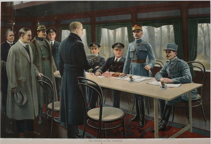 Famous painting of the signing of the armistice in Compiegne, France.