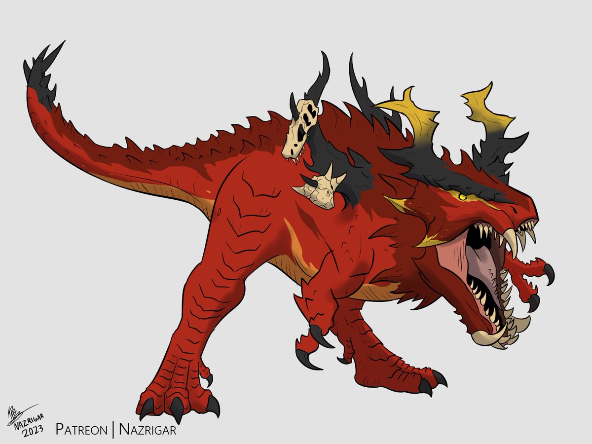 Dinovember 2023 - Khornate Tyranosaurus rex

In an alternate world where Chaos is just a fact of life since Earth's inception, a Tyrannosaurus rex prepares to do battle and collect skulls for a god it can't comprehend.

#dinovember2023 #trex #paleoart #creaturedesign