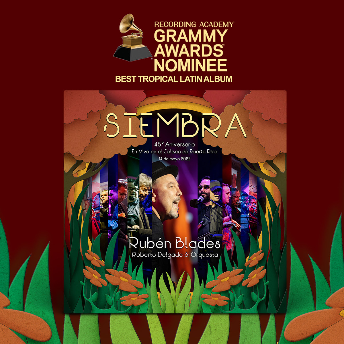 Gracias a la <a href="/RecordingAcad/">GRAMMYS</a>  esta nueva nominación, en nombre Roberto Delgado &amp; Orquesta , de todos quienes colaboraron en esta producción y en el mío propio.
SIEMBRA 45 Aniversario, grabado en vivo en el Coliseo de Puerto Rico, José Miguel Agrelot, "Best Tropical Latin Album".