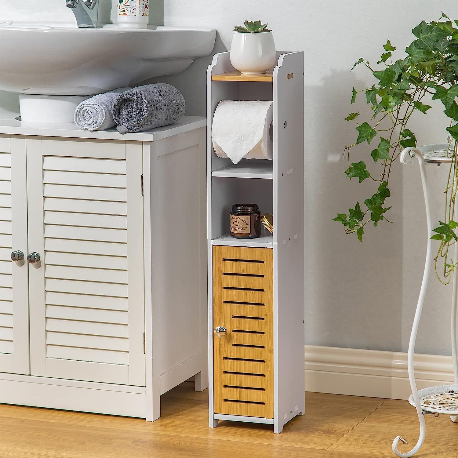 Small Bathroom Table w/ Toilet Paper Rod & Basket