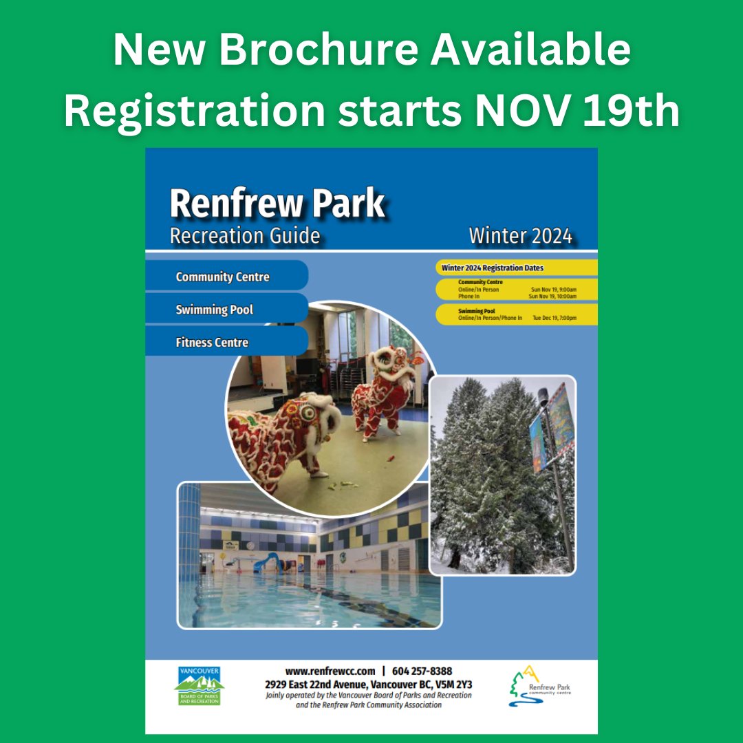 Winter 2024 is around the corner, and so is our brochure! Get ready for a season packed with exciting activities at Renfrew Park Community Centre. Registration kicks off on Sunday, Nov. 19th! Visit our website to access the full brochure. renfrewcc.com