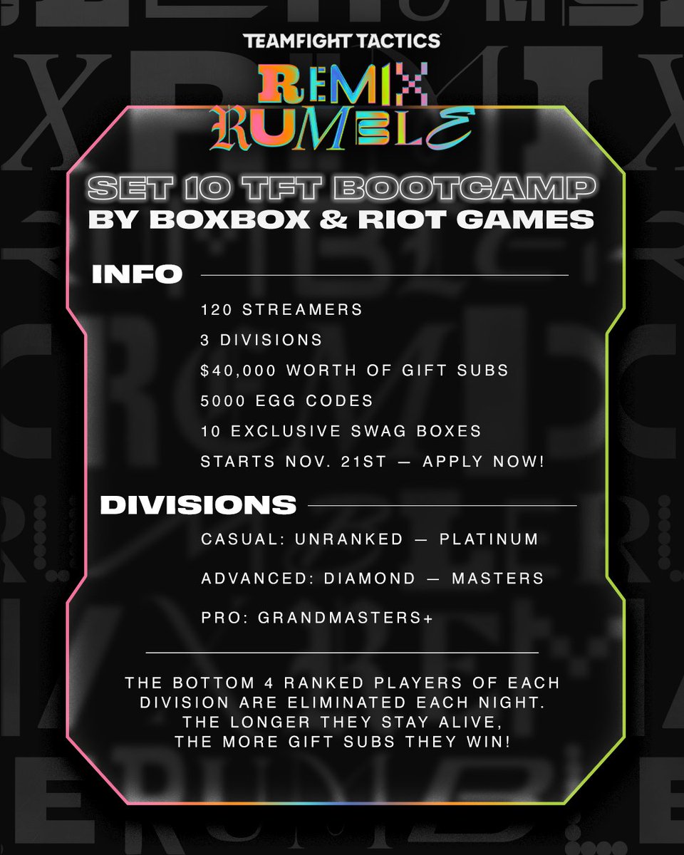 TFT Set 10 Bootcamp signups are now LIVE!! 🥳 $40,000+ worth of prizes!!! Looking for: TFT pro streamers + Variety streamers signup: tinyurl.com/boxboxbootcamp… for viewers: Community ladder signup on the 21st Please RT if you sign up! many people didn't see in time in set 9