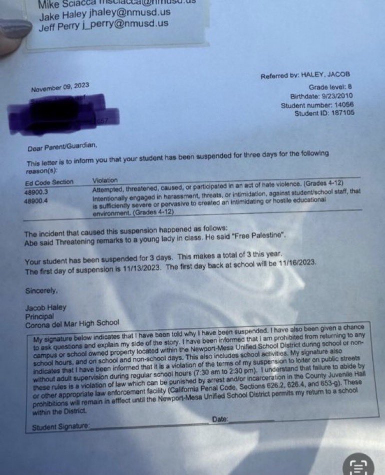 A California school suspended a 13 year old for saying “Free Palestine.”

The school considered it a “threatening remark.”

We need to make our voice heard not just nationally, but at the level of school boards. They can’t intimidate us or our children.