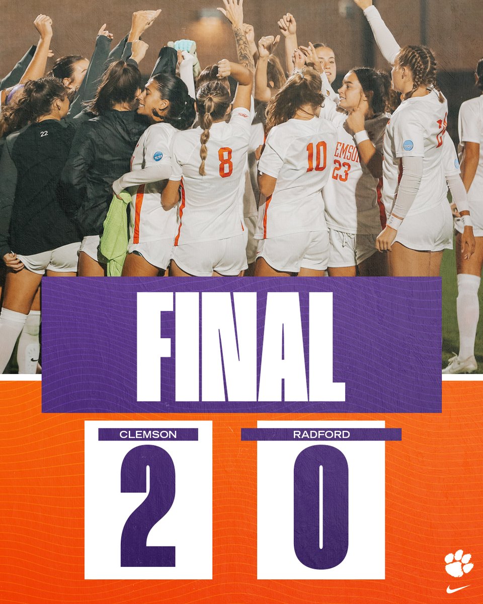 clemsonwsoccer's tweet photo. MOVING ON! ✅

The Tigers have advanced to the second round of the NCAA tournament with a win over Radford! 🐾 https://t.co/oyhyvsPQ45