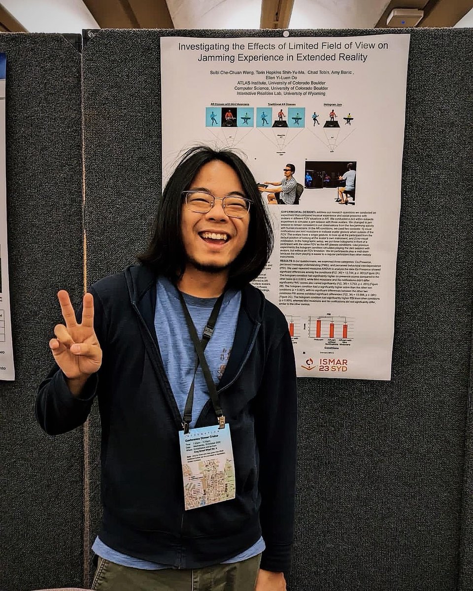 ATLAS Institute 🦬 (@cuatlas) on Twitter photo ATLAS PhD students Rishi Vanukuru, Torin Hopkins and Suibi Che-Chuan Weng recently traveled down to showcase their research at ISMAR 23, the conference on advances in AR/VR/MR in Sydney, Australia
Article Link ->colorado.edu/atlas/2023/10/…
#mixedreality #cuengineering #cuatlas ATLAS PhD students Rishi Vanukuru, Torin Hopkins and Suibi Che-Chuan Weng recently traveled down to showcase their research at ISMAR 23, the conference on advances in AR/VR/MR in Sydney, Australia
Article Link ->colorado.edu/atlas/2023/10/…
#mixedreality #cuengineering #cuatlas