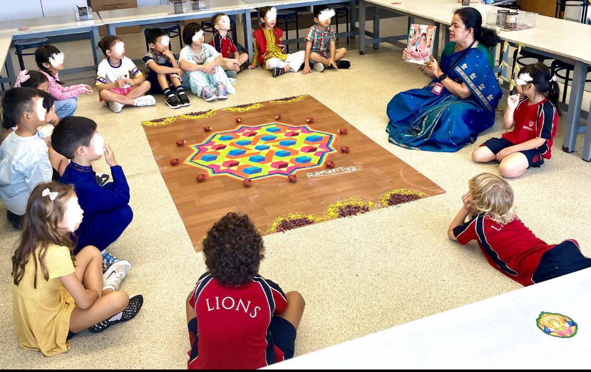 Deepavali circle time- sharing our favorite colors, shapes we see & strategies to count them. Just being in the present moment in awe, absorbed by the beauty of many colors. We are unique, like the colors. Together, we are beautiful like the Rangoli #Stamfordamerican #wellbeing