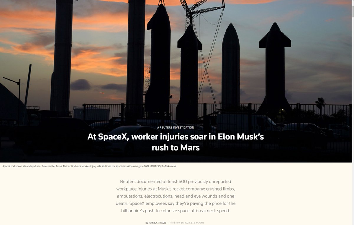 The deadly toll in the race to space shorturl.at/cjT47 SpaceX safety record revealed <a href="/Reuters/">Reuters</a> Stellar investigation with meticulous reporting <a href="/marisaataylor/">Marisa Taylor</a>