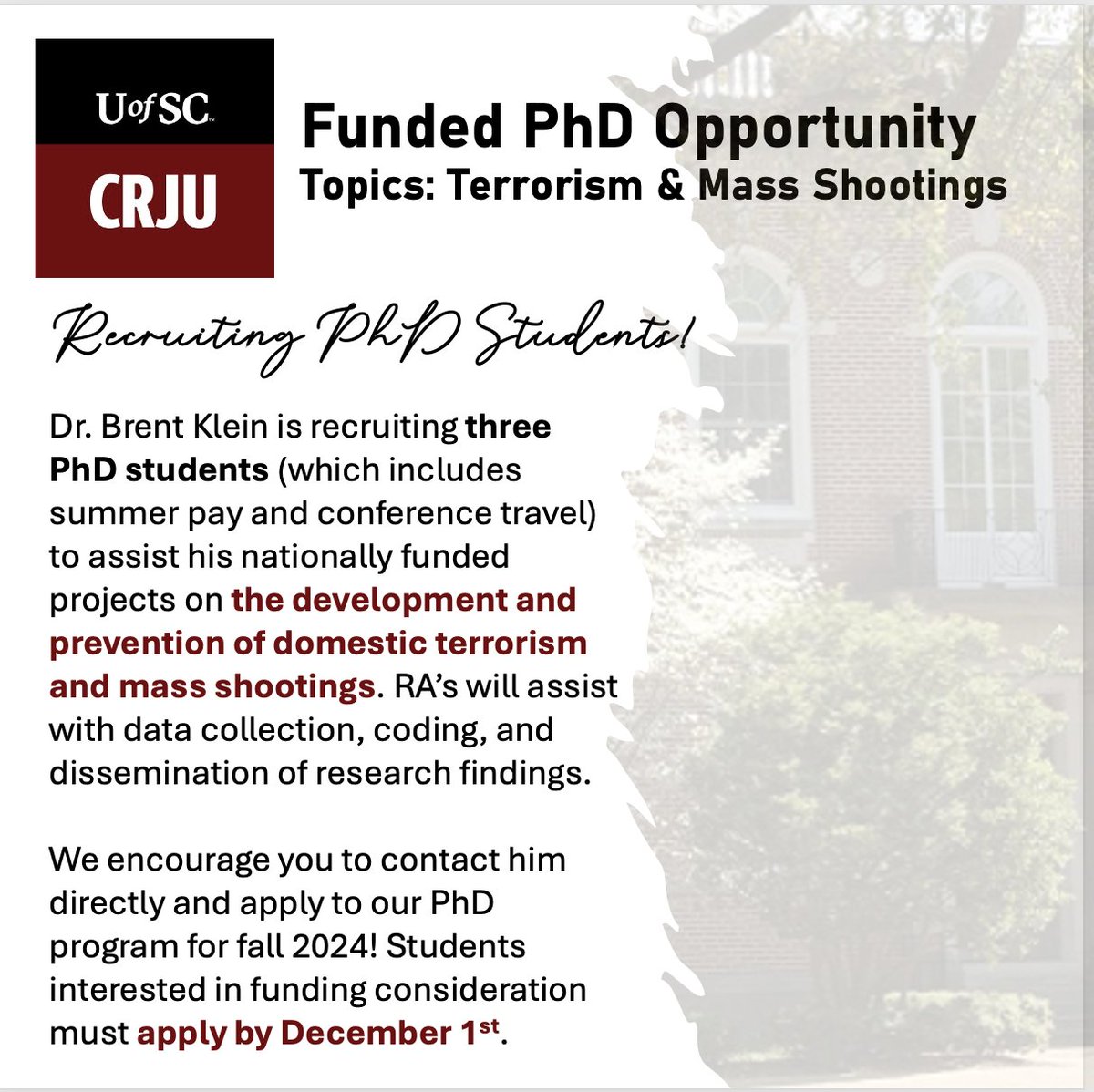 Dr. Brent Klein <a href="/BrentRKlein/">Brent R. Klein</a> is recruiting three PhD students to assist projects on the development and prevention of domestic terrorism and mass shootings.

To apply: sc.edu/study/colleges…… 
More info about our dept: sc.edu/study/colleges……

<a href="/ascterrorism/">ASC Division on Terrorism & Bias Crimes</a> <a href="/JMssVlncRsrch/">Journal of Mass Violence Research</a>