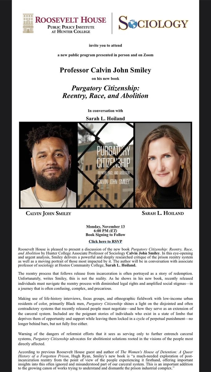 CJ Smiley, Ph.D. (@uptownkastro) on Twitter photo Happening Monday (11/13) I’ll be in conversation w/ <a href="/SarahHoiland/">Sarah Hoiland</a> about #PurgatoryCitizenship at the <a href="/Roosevelt_House/">Roosevelt House</a> <a href="/Hunter_College/">Hunter College</a> will be a great time to learn more about the complex and often precarious #reentry system
Register here: community.hunter.cuny.edu/roosevelt-hous… Happening Monday (11/13) I’ll be in conversation w/ <a href="/SarahHoiland/">Sarah Hoiland</a> about #PurgatoryCitizenship at the <a href="/Roosevelt_House/">Roosevelt House</a> <a href="/Hunter_College/">Hunter College</a> will be a great time to learn more about the complex and often precarious #reentry system
Register here: community.hunter.cuny.edu/roosevelt-hous…