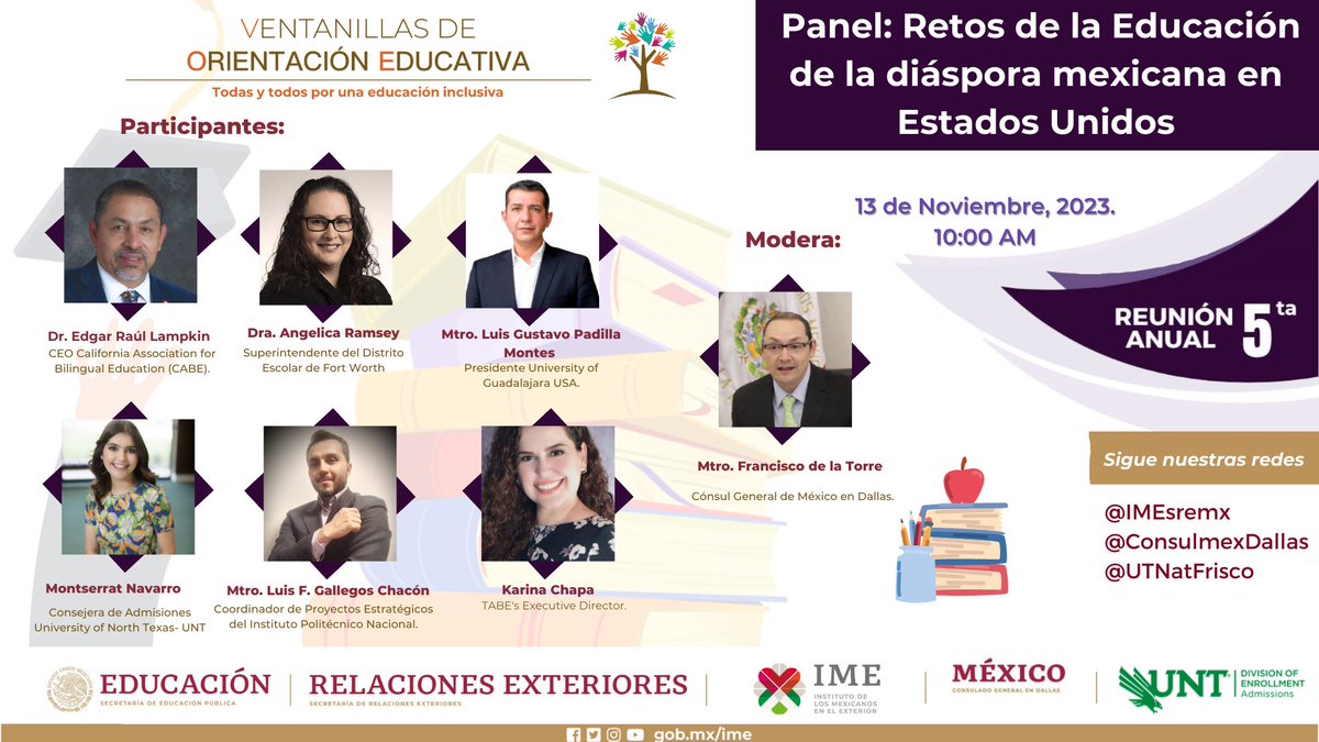 Acompáñanos este 13 de noviembre a las 10:00 am en la #VReuniónAnualVOE, en la que  distinguidos expertos analizarán los retos educativos de la diáspora mexicana en Estados Unidos. #PanelExpertos #EducaciónIME  #DiplomaciaEducativa @ConsulmexDallas <a href="/UNTatFrisco/">UNT at Frisco</a>