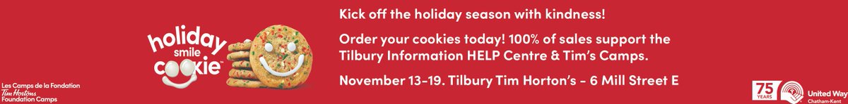 TilburyTimes's tweet photo. Holiday Smile Cookies at the Tilbury Tim Hortons location from November 13-19. Click the link to order https://t.co/8zzIfUGX5m https://t.co/YrR0vsRBcu