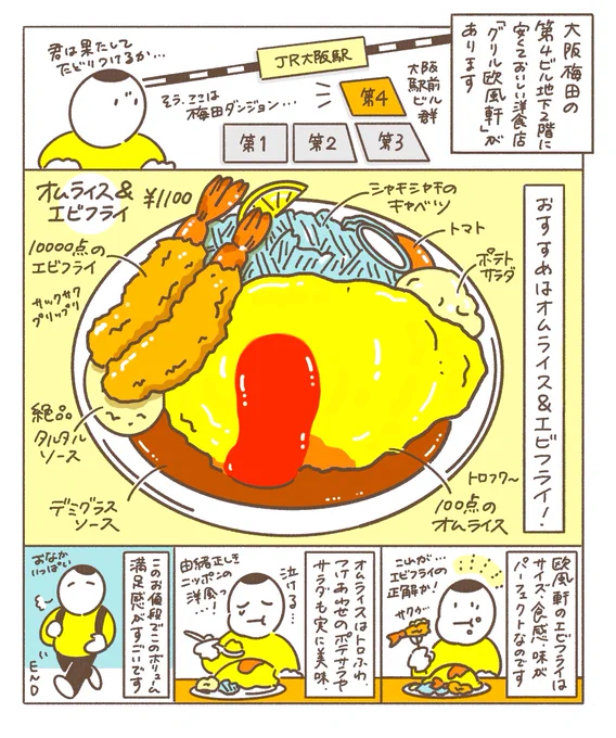 大阪第四ビルの地下2階にある
洋食屋「グリル欧風軒」

エビフライがめちゃくちゃ美味しくてオススメです🍤

梅田ダンジョンをクリアして、
ぜひたどり着いてみてください! 