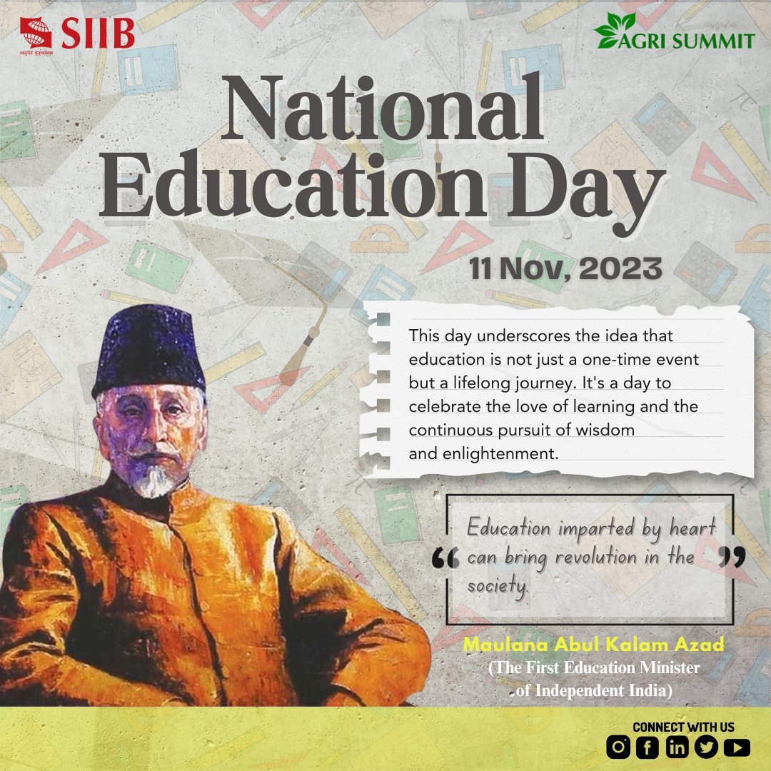Agrisummit1's tweet photo. Let's celebrate the power of education to transform lives and build a better world. Team Agrisummit  wishes you Happy National Education Day !

#NationalEducationDay #EducationForAll #NurturingMinds #MBA #EmpoweringFutures #SIIB #Agrisummit #SIU #lifeatsiib #symbiosis https://t.co/WGKh4pNlPA