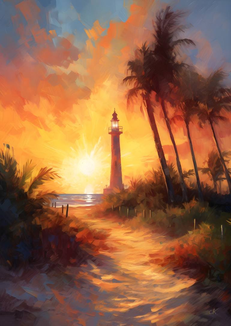 🎨 'Sunset Serenity at Dry Tortugas National Park' The golden light, palm trees, and iconic lighthouse create an enchanting scene. 🤩 #NatureArt #ImpressionistPainting #DryTortugas