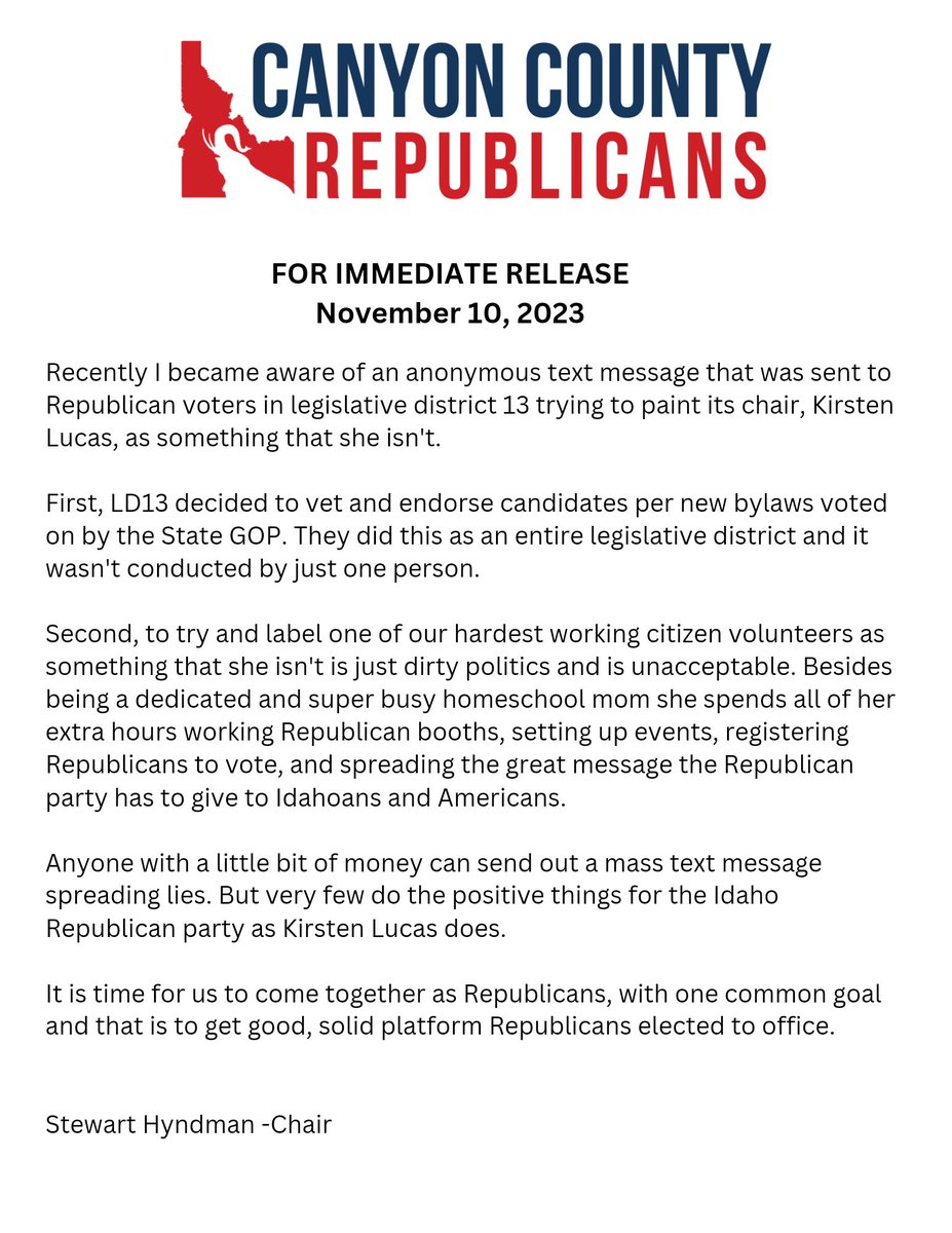 Kirsten was voted "Outstanding Republican Worker" in 2023. There is no place for this in Canyon County.