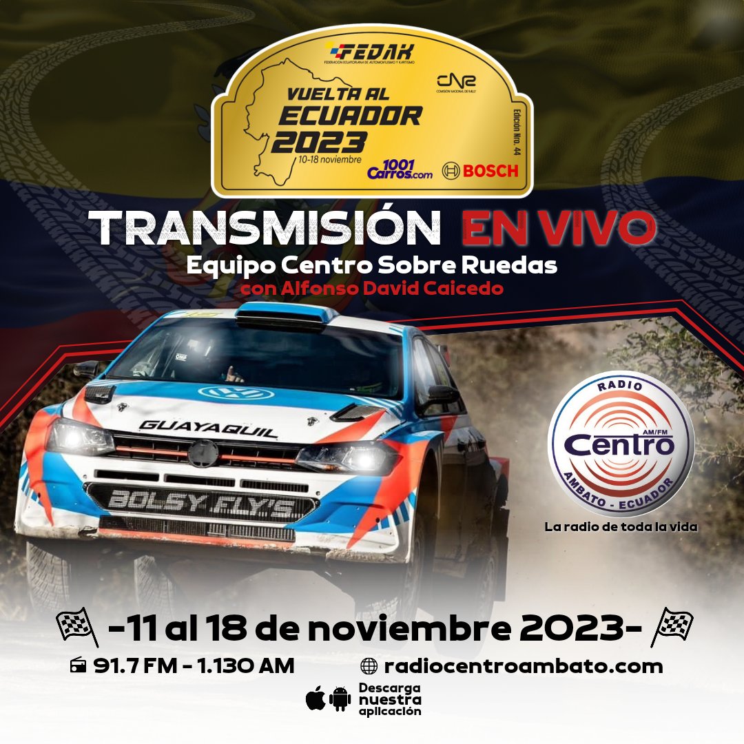 🏁 Carro a la vista..!!! 👀🚘 No te pierdas todas las emociones de la Vuelta al Ecuador 2023 🤩 en vivo por Radio Centro 🎙️ en automovilismo somos kilómetros... de ventaja sobre las demás 🏁

📌 Transmisión en directo de todas las etapas, recorreremos 13 provincias de nuestro 🇪🇨