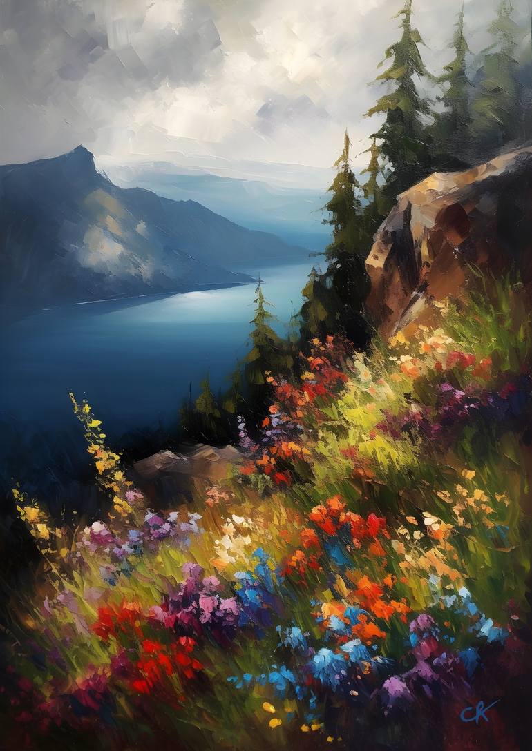 🎨 'Wildflower Wonderland at Crater Lake National Park' 🌸 🏞️ The wildflowers, mountains, and serene lake create a mesmerizing scene. 🤩 #NatureArt #ImpressionistPainting #CraterLake
