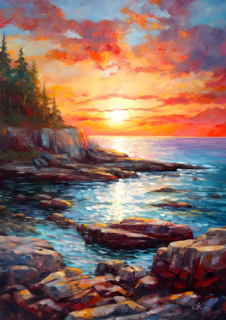 🎨 'Radiant Sunrise at Acadia National Park' 🌅 - The breathtaking colors and coastallandscape create a mesmerizing scene. 🤩 #NatureArt #ImpressionistPainting #AcadiaNationalPark