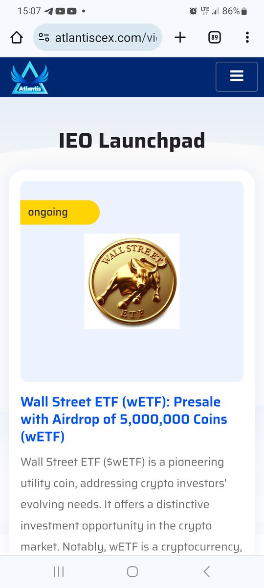 📢 Atlantis Launchpad starts the 1-week Presale and Airdrop of Wall Street ETF ($wETF) today! 🔥

▶️ Key Details:

1.   Eligible to Purchase:  Anyone, who has deposited 0.01 – 1.00 ETH into his/her Atlantis Exchange - Global account, may immediately participate in this event.