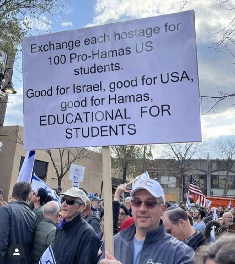 Great idea!! Exchange each hostage for 100 pro-Hamas students. Good for Israel, good for USA, good for Hamas. Educational for students.