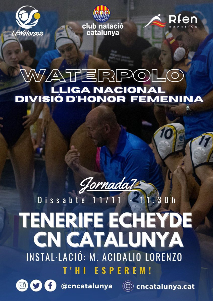 cncatalunya's tweet photo. 🤽🏻‍♀️| WATERPOLO FEMENÍ 
Liga Nacional División Honor @RFEN_Oficial @LEWaterpolo 

🔥 MATCH DAY 🔥

🆚 @CNECHEYDE 
👉#DHFJornada7
📝 Dissabte 11/11/2023
⏰ 11:30 hora insular
📍 Piscina Acidalio Lorenzo    
📺 https://t.co/B6dxPi7BIP

💙💛

#somdegracia
#mareablava
#forçacata https://t.co/vcmZ3Dtx0Z