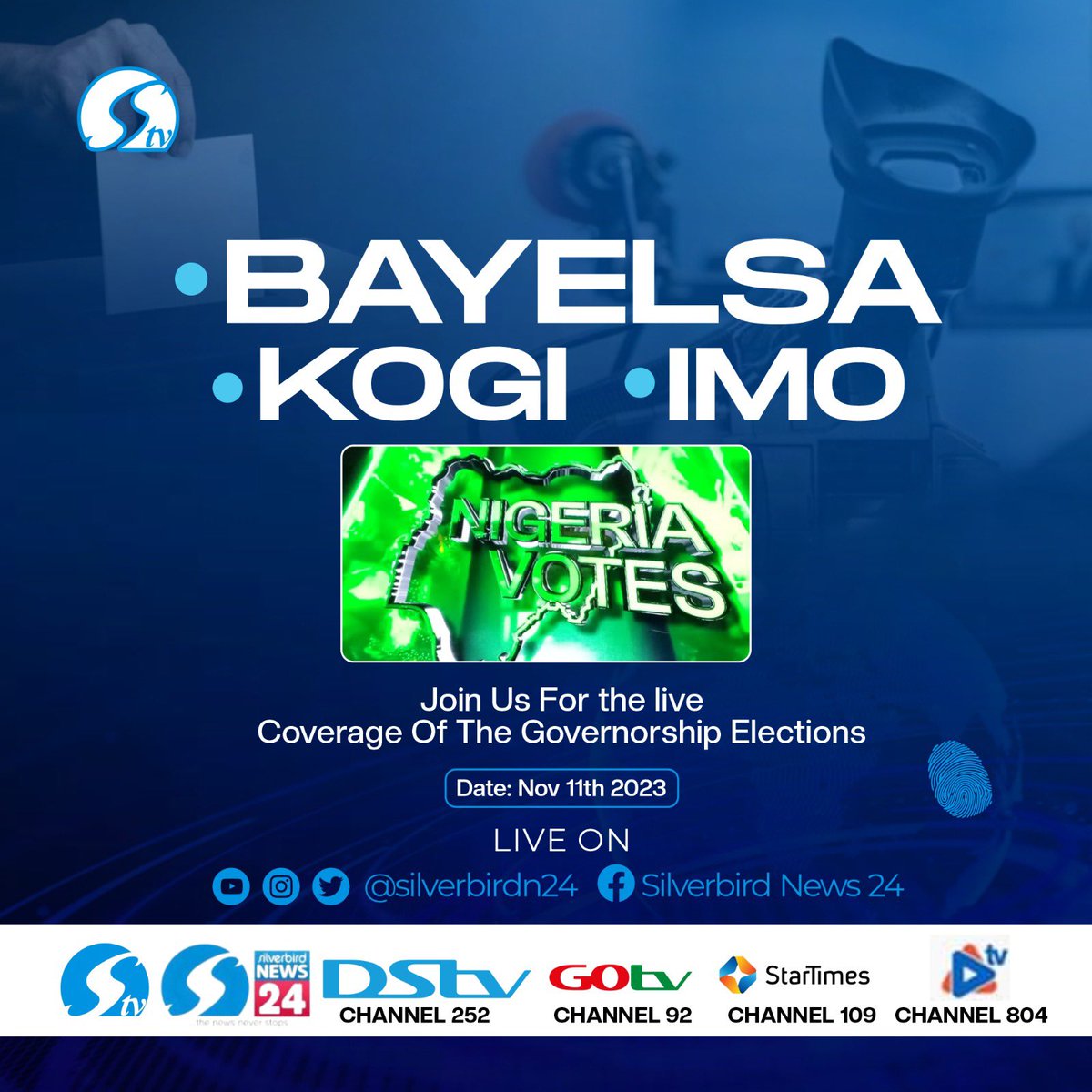 Join Us Live! 

@silverbirdn24 today on Saturday November 11, 2023,  for the Live Coverage of the Governorship Elections: Bayelsa, Kogi and Imo states!  

Click the link in our bio for more news update  

#offcycleelections #INEC #Elections2023 #silverbirdn24