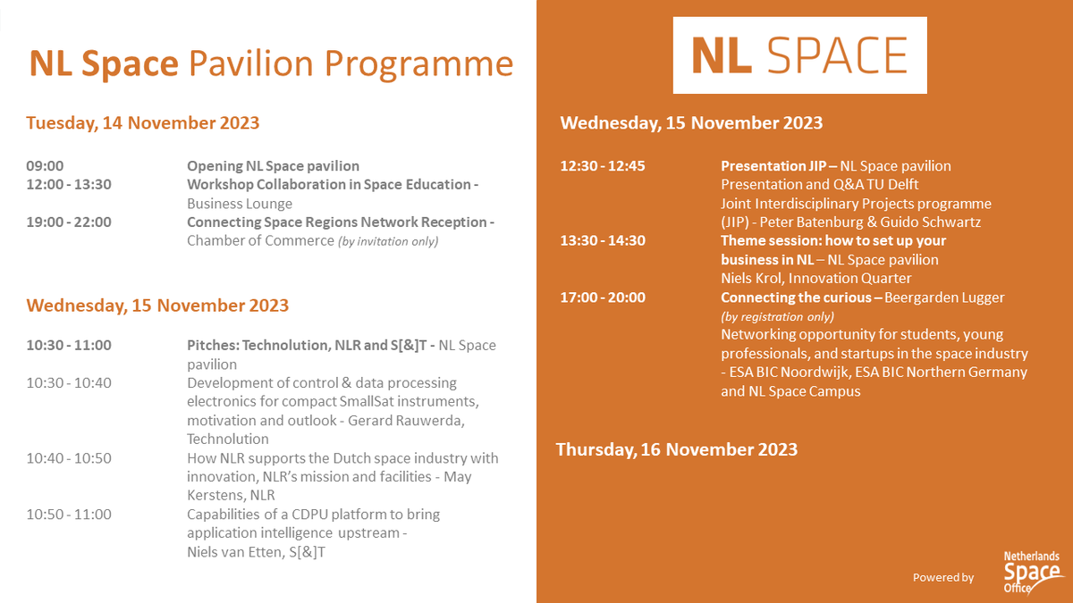 Check out the interesting NL Space programme! Drop by &amp; meet us at booth L41 <a href="/SpaceTechExpoEU/">Space Tech Expo Europe</a>  
exhibitions.nlspace.nl/space-tech-exp…
#SpaceTechExpoEurope #nlspace