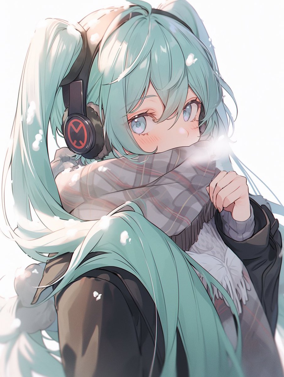 hatsune miku 1girl solo scarf long hair twintails upper body white background  illustration images