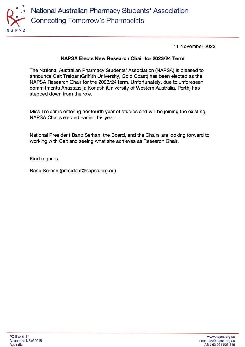 📣NAPSA Media Release 11/11/2023📣

NAPSA Elects Team Members for 2023/24 Term and NAPSA Elects New Research Chair for 2023/24 Term

#pharmacystudents #pharmacyaustralia #pharmacist #pharmacy #napsa #napsateammembers #napsachairs