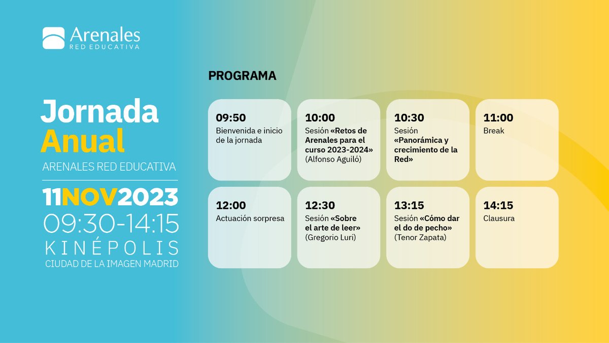 Preparados para la Jornada Anual de personal de Arenales Red Educativa. Una jornada que reúne a cerca de 800 asistentes entre profesores y personal de más de una veintena de escuelas de <a href="/RedArenales/">Arenales Red Educativa</a>.

#️⃣ Hashtag jornada: #JuntosSomosRed
🎤 La jornada la presentará: <a href="/mara_fernm/">María A. Fernández 🧡</a>